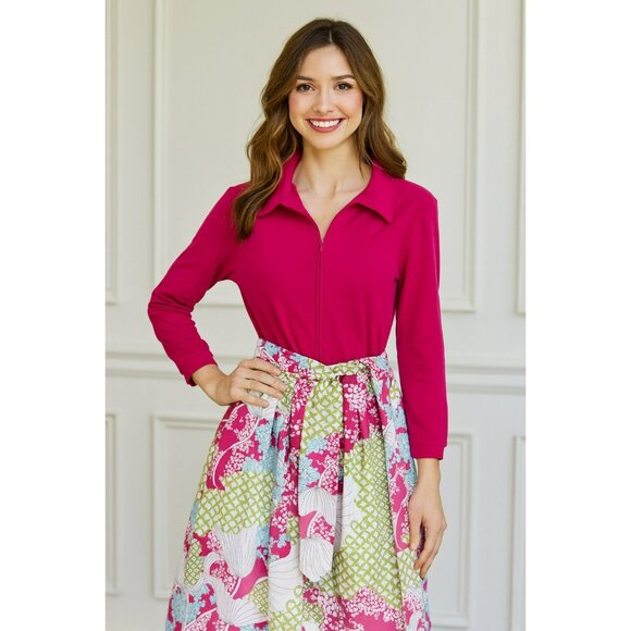 Vintage Komars Fuchsia Collared Dress With Floral Patchwork Skirt & Belt - Picture 5 of 8